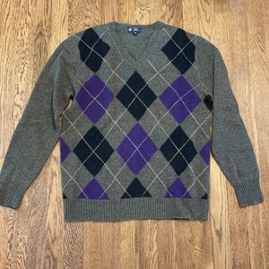 J Crew V neck argyle sweater 100% lambs wool.